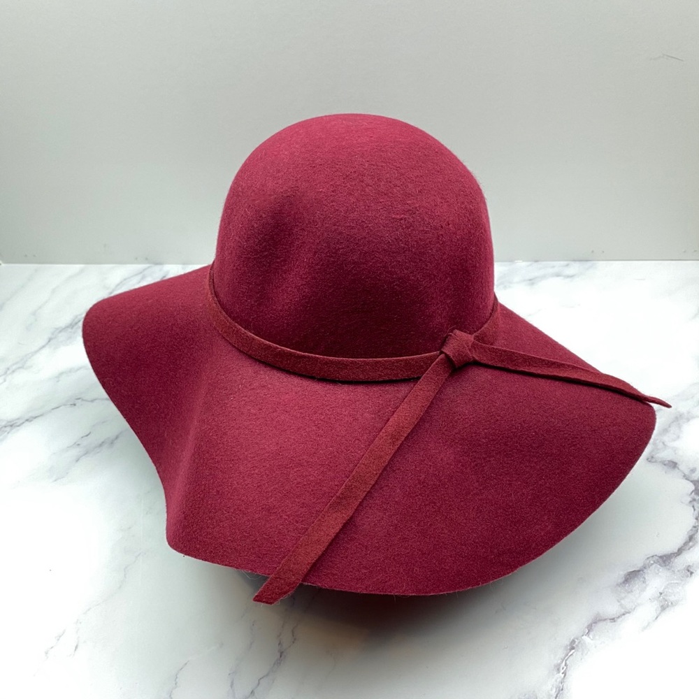 Wide Brim Wool Floppy Hat Burgundy Red